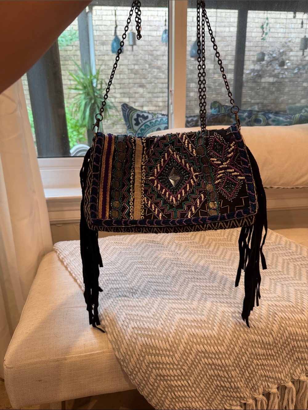Bohemian Embroidered Fringe Crossbody Bag in Black and Multicolor